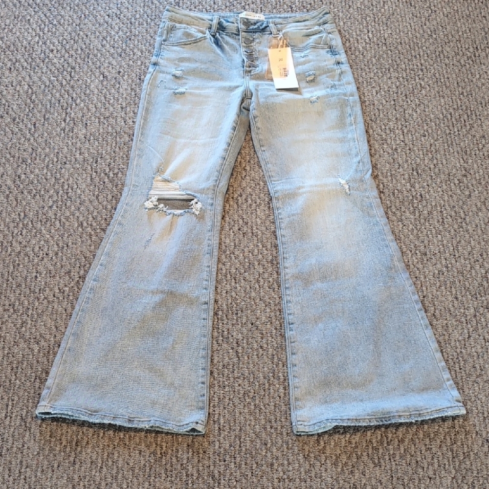 RISEN NWT Distressed Light Blue Flare Jeans
